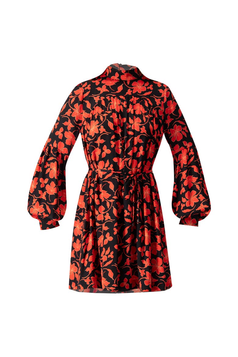 Black Mini Dress with Red Floral Print and Drawstring Waist, Alternate, color, Red