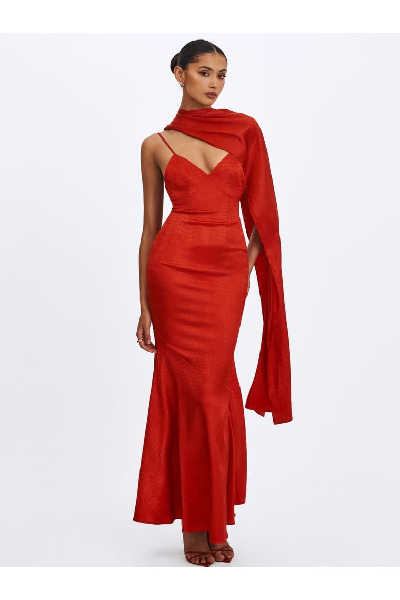 Kelsey Croc-Embossed Flared Hem Maxi Dress with Scarf, Alternate, color, Scarlet