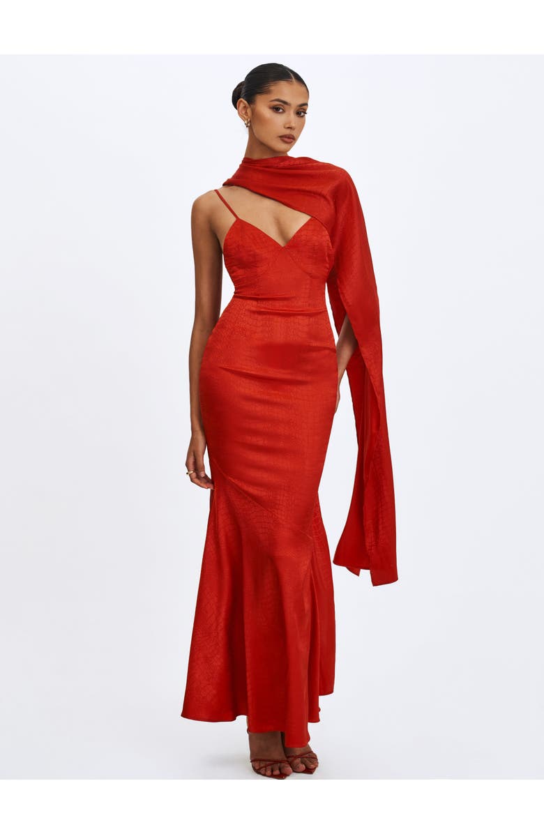 Miss Circle Kelsey Croc-Embossed Flared Hem Maxi Dress with Scarf, Alternate, color, Scarlet