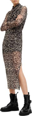 AllSaints Tia Leopard Print Semisheer Long Sleeve Dress