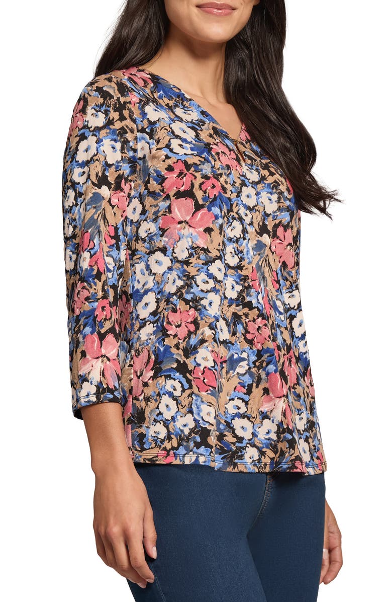 Jones New York Floral Print Three-Quarter Sleeve Crepe Top, Alternate, color, 