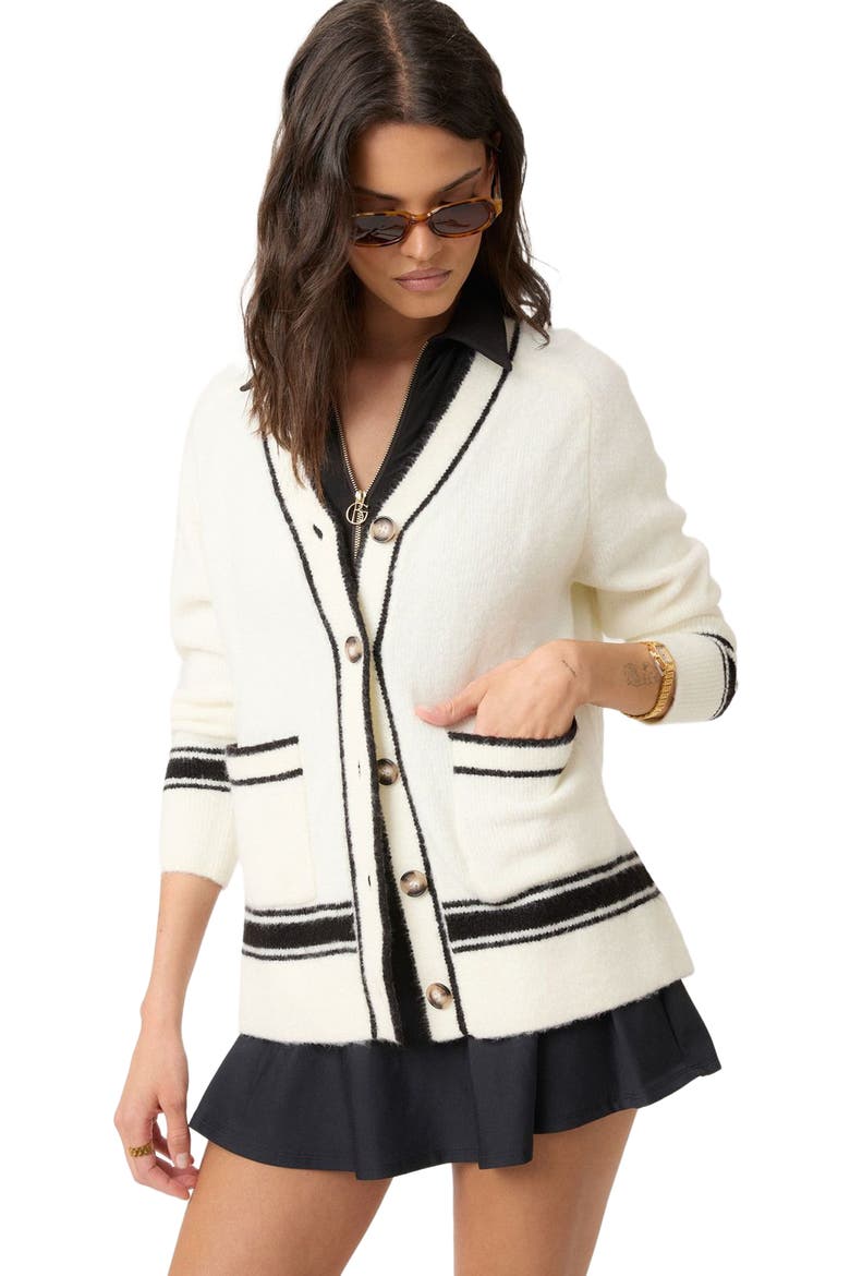 Fuzzy Striped Cardigan, Alternate, color, Black