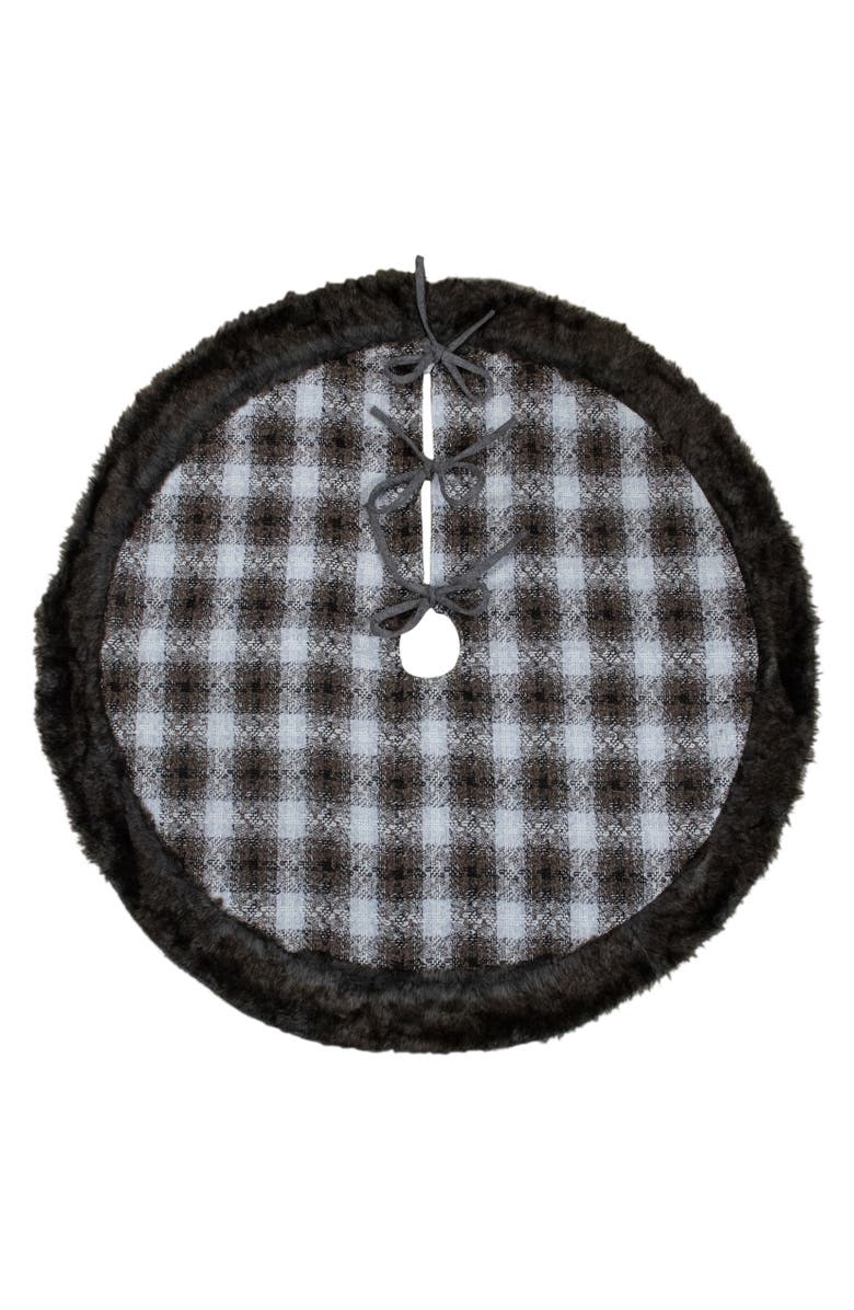 Northlight 48" Brown and White Plaid Christmas Tree Skirt with Faux Fur, Main, color, Brown