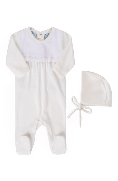Velour Trim Blue/ Navy Footie & Bonnet