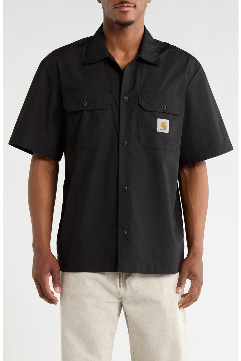 Craft Short Sleeve Poplin Button-Up Work Shirt, Main, color, BLACK