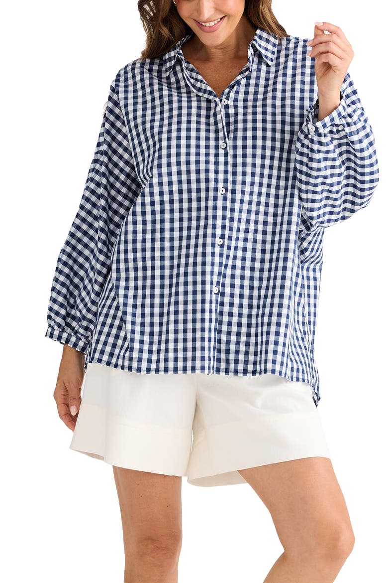 Monty Gingham Balloon Sleeve Button-Up Shirt, Alternate, color, NAVY GINGHAM