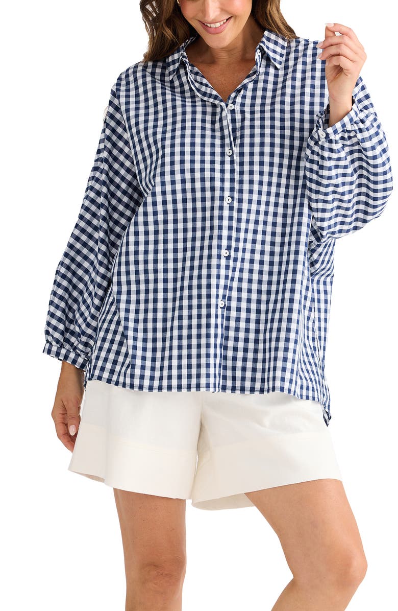 Brave+True Monty Gingham Balloon Sleeve Button-Up Shirt, Alternate, color, Navy Gingham