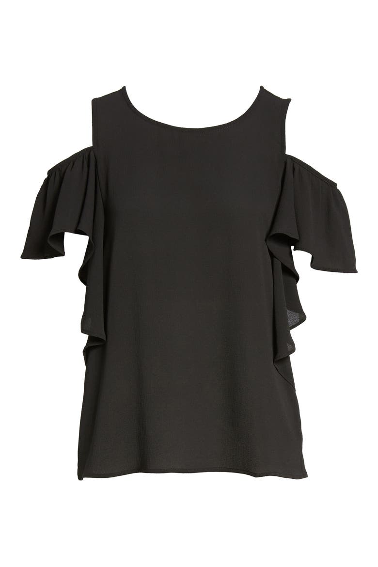 Cold Shoulder Ruffle Sleeve Top, Alternate, color, BLACK