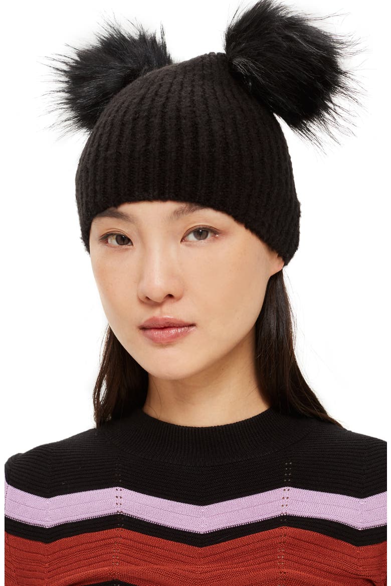 Faux Fur Double Pompom Beanie, Alternate, color, BLACK