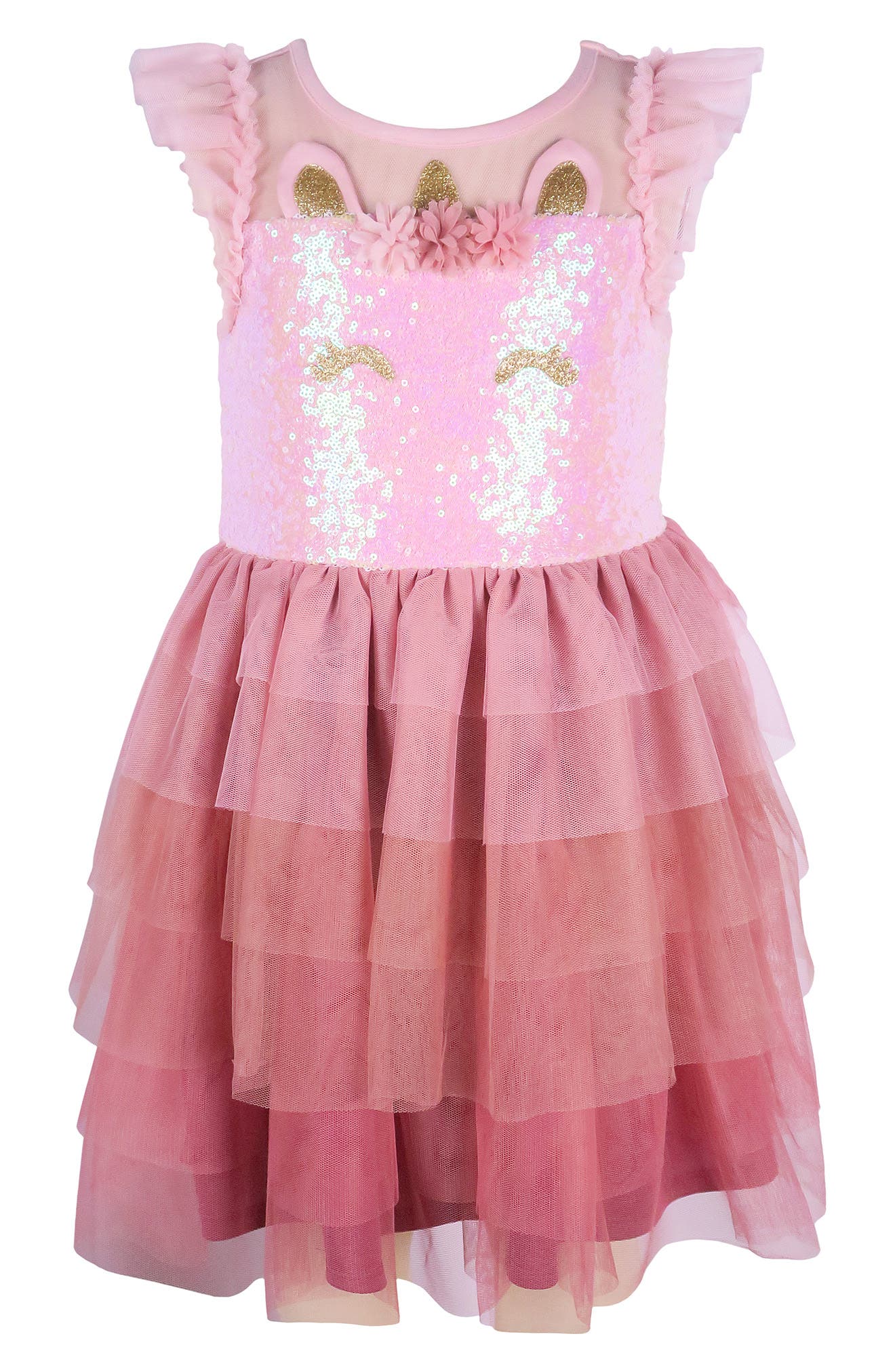 Zunie Kids' Flutter Sleeve Sequin Unicorn Tiered Mesh Dress
