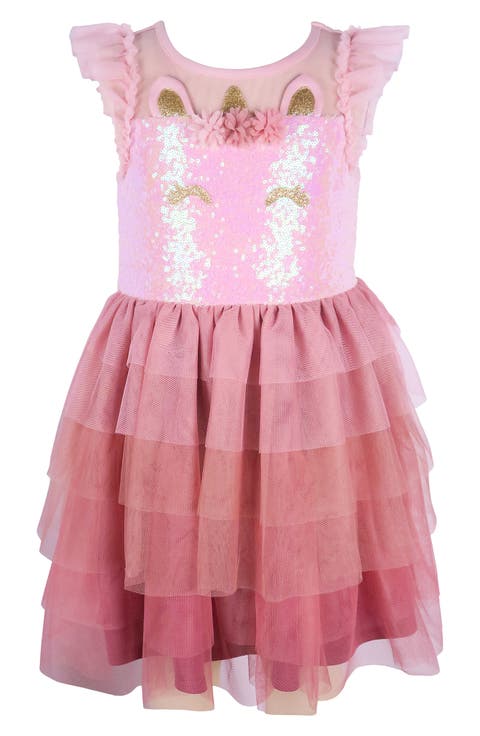 Kids' Flutter Sleeve Sequin Unicorn Tiered Mesh Dress (Little Kid)