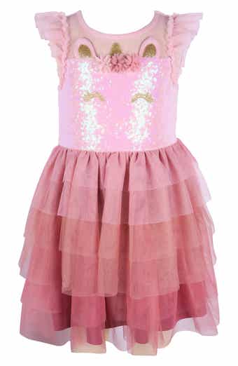 Zunie Kids' Flutter Sleeve Sequin Unicorn Tiered Mesh Dress