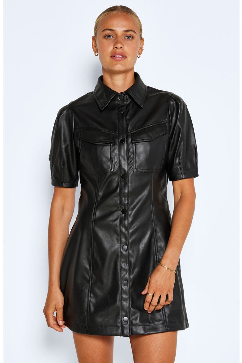 Short Sleeve Faux Leather Shirtdress, Alternate, color, BLACK