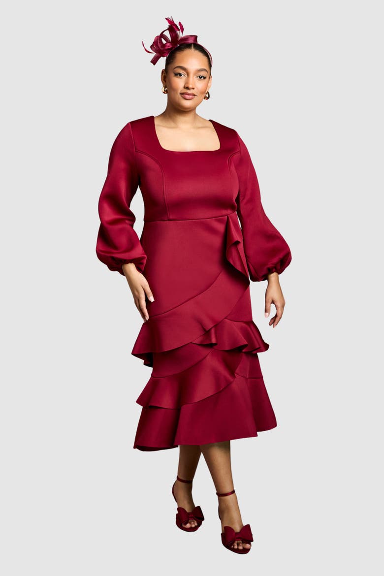 Plus Square Neck Ruffle Hem Midi Dress, Main, color, Berry