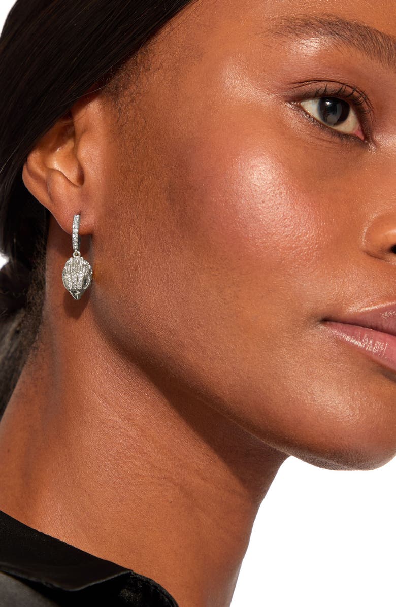 Kurt Geiger London Pavé Crystal Eagle Head Drop Huggie Hoop Earrings, Alternate, color, Rhodium