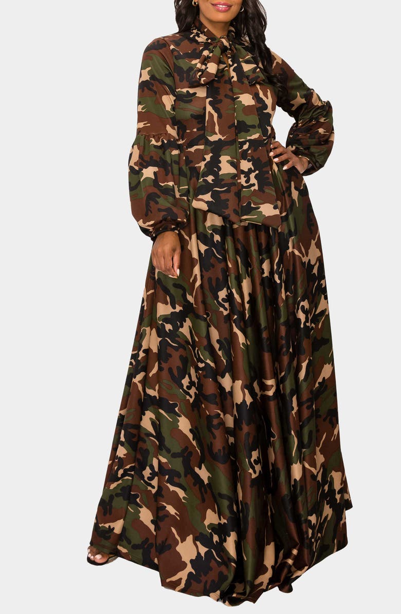 L I V D Bella Donna Camo Tie Neck Long Sleeve Maxi Shirtdress, Main, color, 