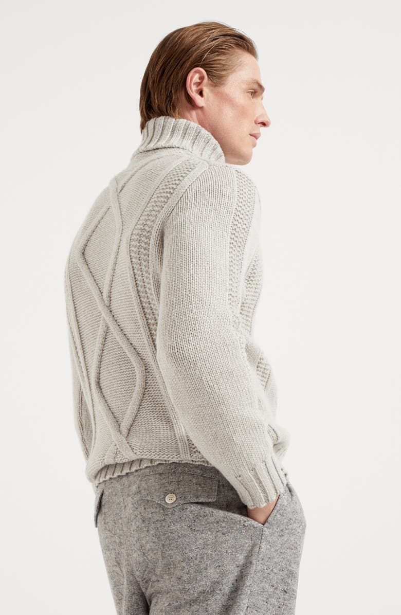 Brunello Cucinelli Irish cable turtleneck sweater in cashmere Feather yarn, Alternate, color, 