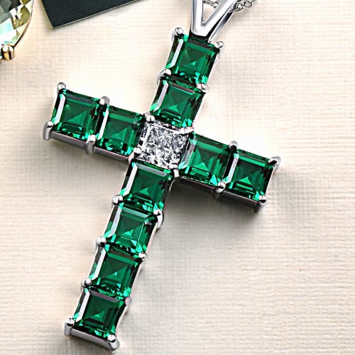Bliss Diamond 6ct Tw Princess Cut Diamond & Emerald Cross Pendant Necklace Gold Lab Grown In White Gold