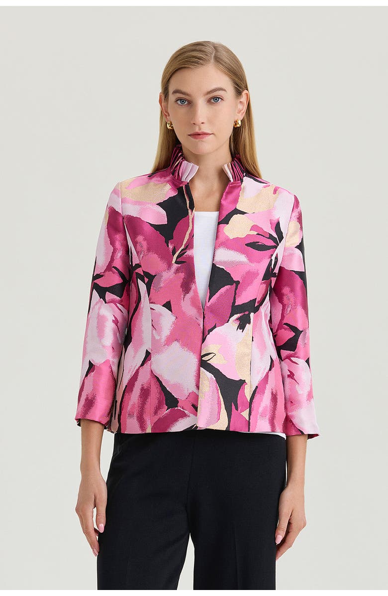 Ming Wang x Family Savvy Heritage Shimmer Lined Floral Jacquard Woven Jacket, Main, color, Carmine Rose/Pink