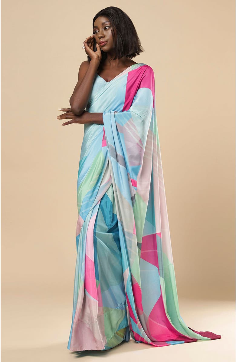 One Minute Saree<sup>®</sup> Kriss Turquoise Abstract Crepe Ready to wear One Minute Saree, Alternate, color, 