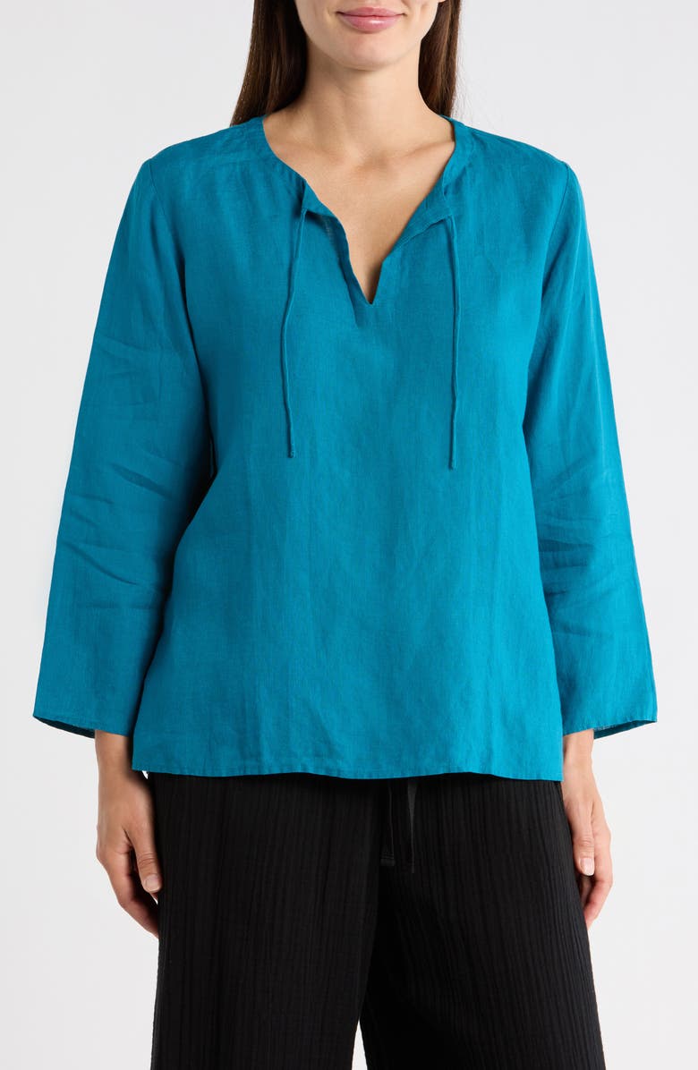 Eileen Fisher Split Neck Organic Linen Top, Main, color, Dragonfly