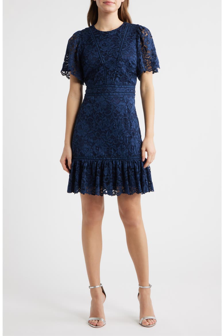 Lace Embroidered Flounce Hem Dress, Main, color, NAVY