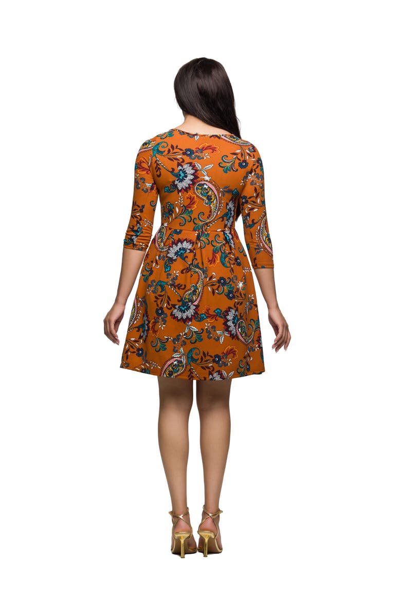 24seven Comfort Apparel Paisley Print Fit Flare Knee Length Dress, Alternate, color, Orange Multi