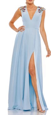 Mac Duggal Beaded Cap Sleeve V Neck A Line Gown