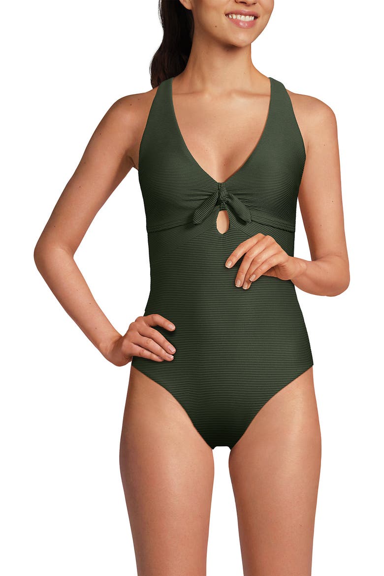 Ribbed Knot Front One Piece Swimsuit, Main, color, Rich Olive Green Ottoman