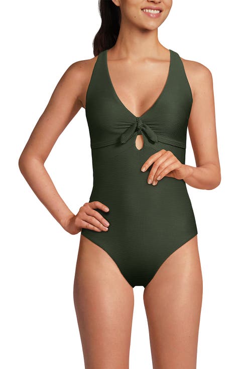 Ribbed Knot Front One Piece Swimsuit