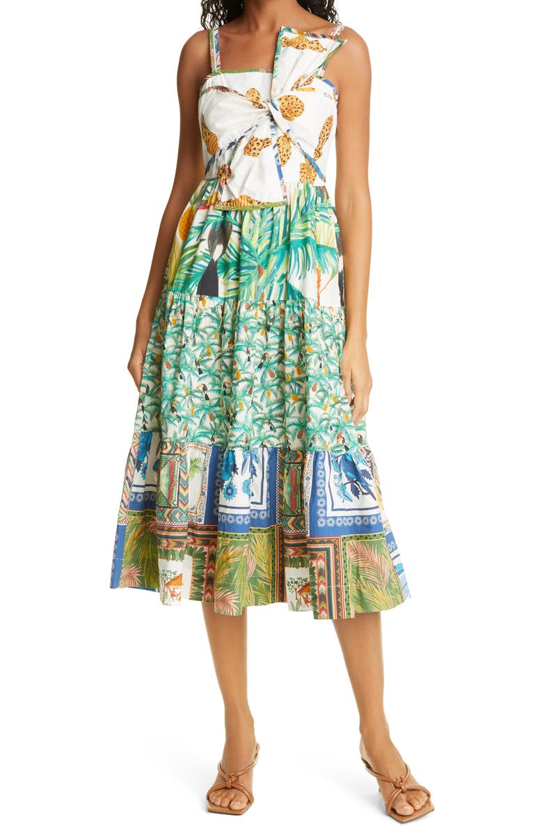 FARM Rio Mixed Prints Bow Sleeveless Midi Dress, Main, color, 