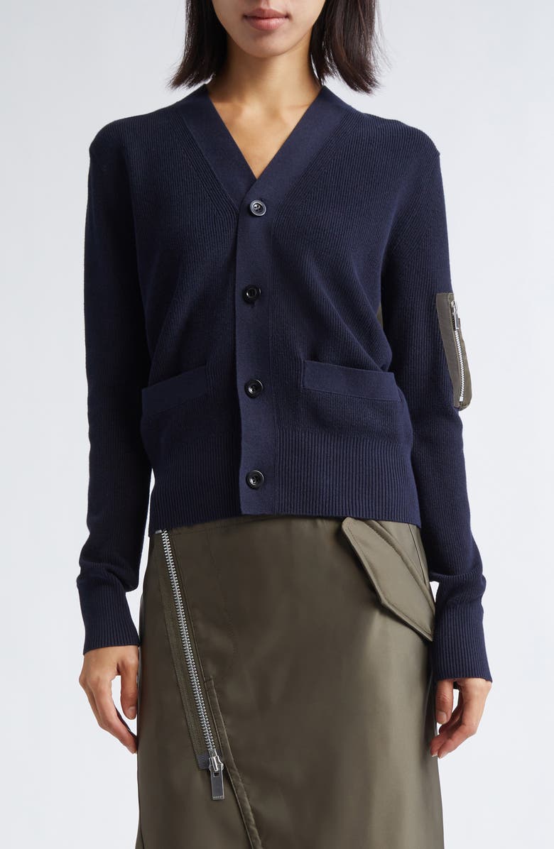 Sacai Mixed Media Nylon Twill & Knit Cardigan, Main, color, Navy/ Dark Khaki