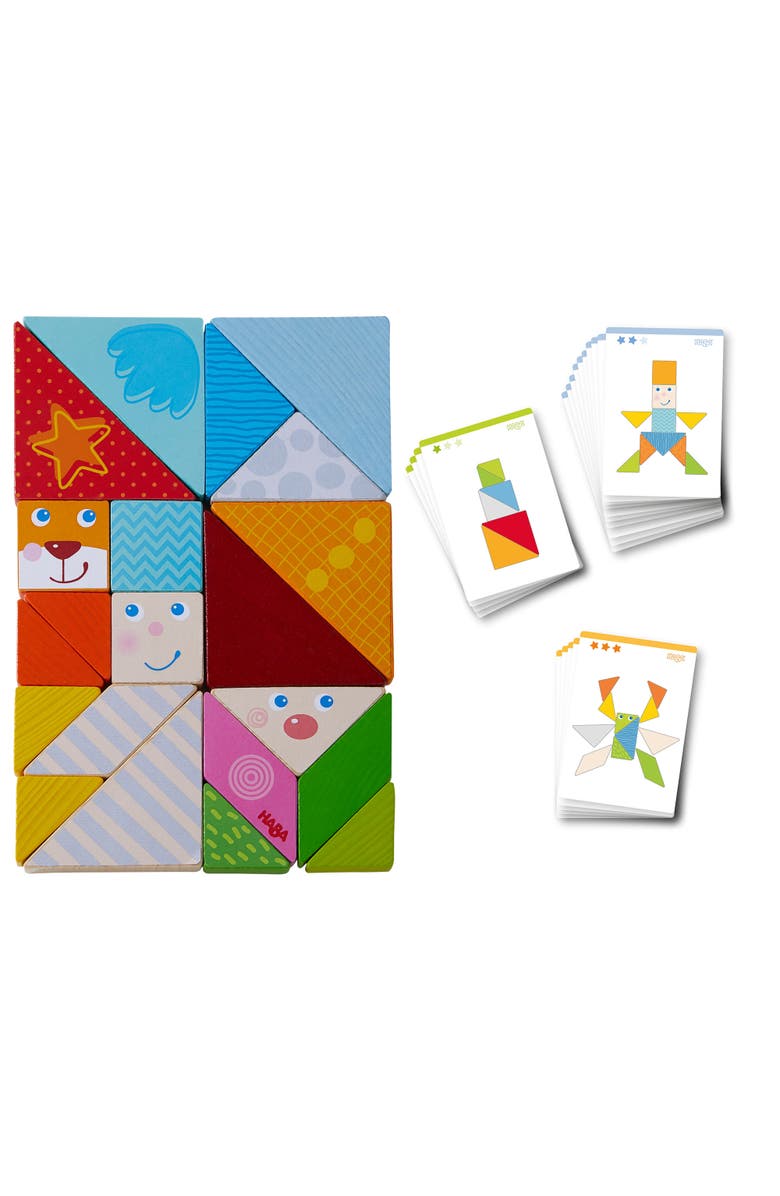 HABA Funny Faces Tangram Wooden Pattern Blocks with 20 Template Cards, Main, color, Multi