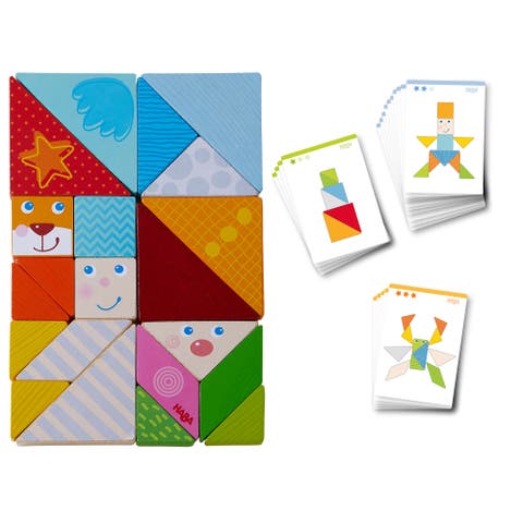 Funny Faces Tangram Wooden Pattern Blocks with 20 Template Cards (Made in Germany)