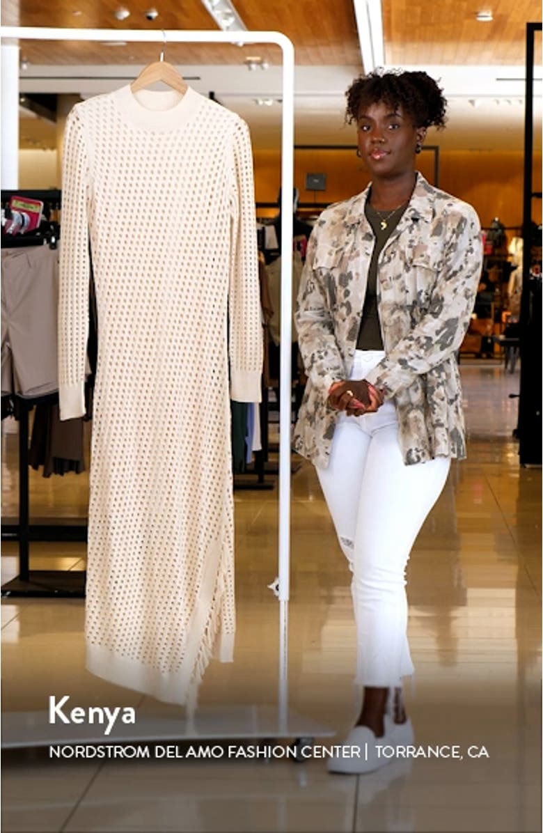 Open Stitch Fringe Long Sleeve Asymmetric Sweater Dress, sales video thumbnail