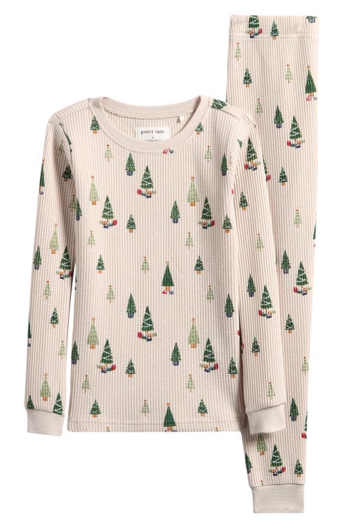 Petit Lem Kids' Christmas Tree Print Fitted Two-Piece Pajamas in Beige 
