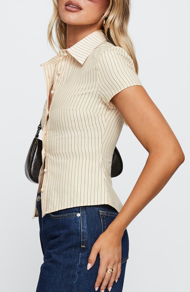 Princess Polly Lift Off Pinstripe Button-Up Shirt, Alternate, color, Cream / Navy Stripe