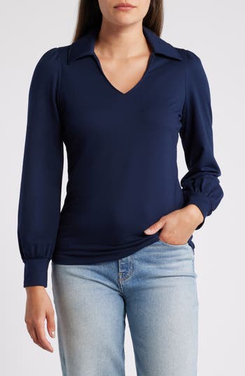 Shop Caslon ® Long Sleeve Johnny Collar Polo In Navy Blazer