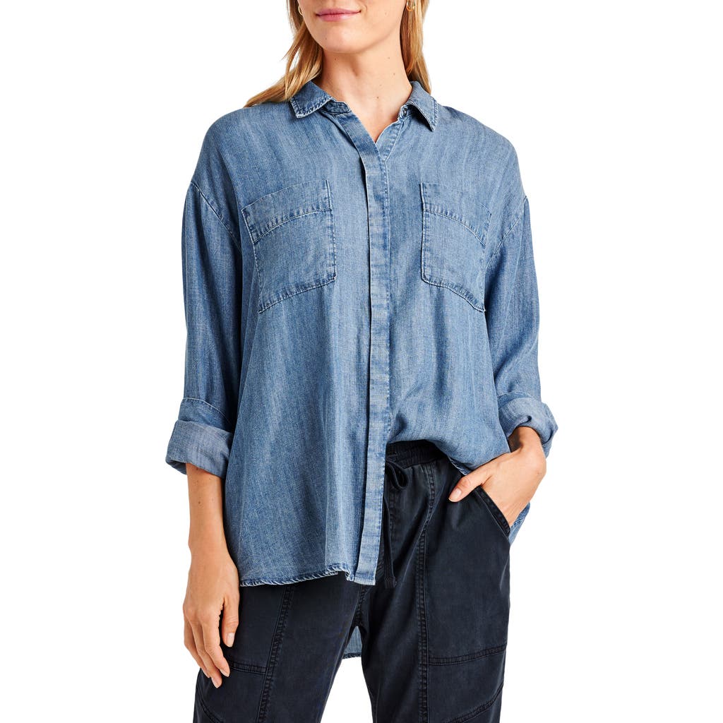Splendid Lia Ruffle Chambray Button-up Shirt In Gold