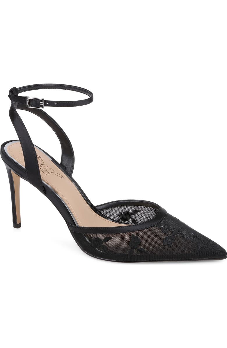Jewel Badgley Mischka Zaida Ankle Strap Pointed Toe Pump, Main, color, Black Satin