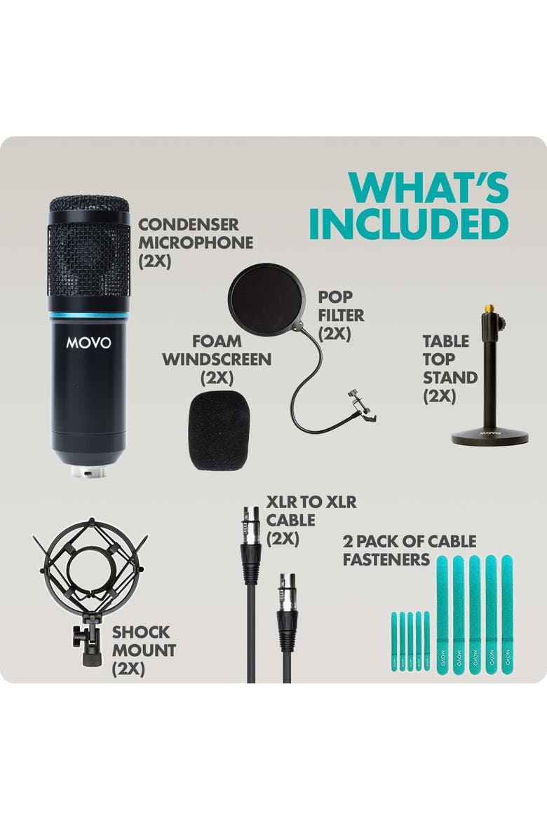 2-Pack Universal Cardioid Podcasting Microphone Bundle with Tabletop Mic Stand and Pop Filter for XLR Outputs, Alternate, color, Black