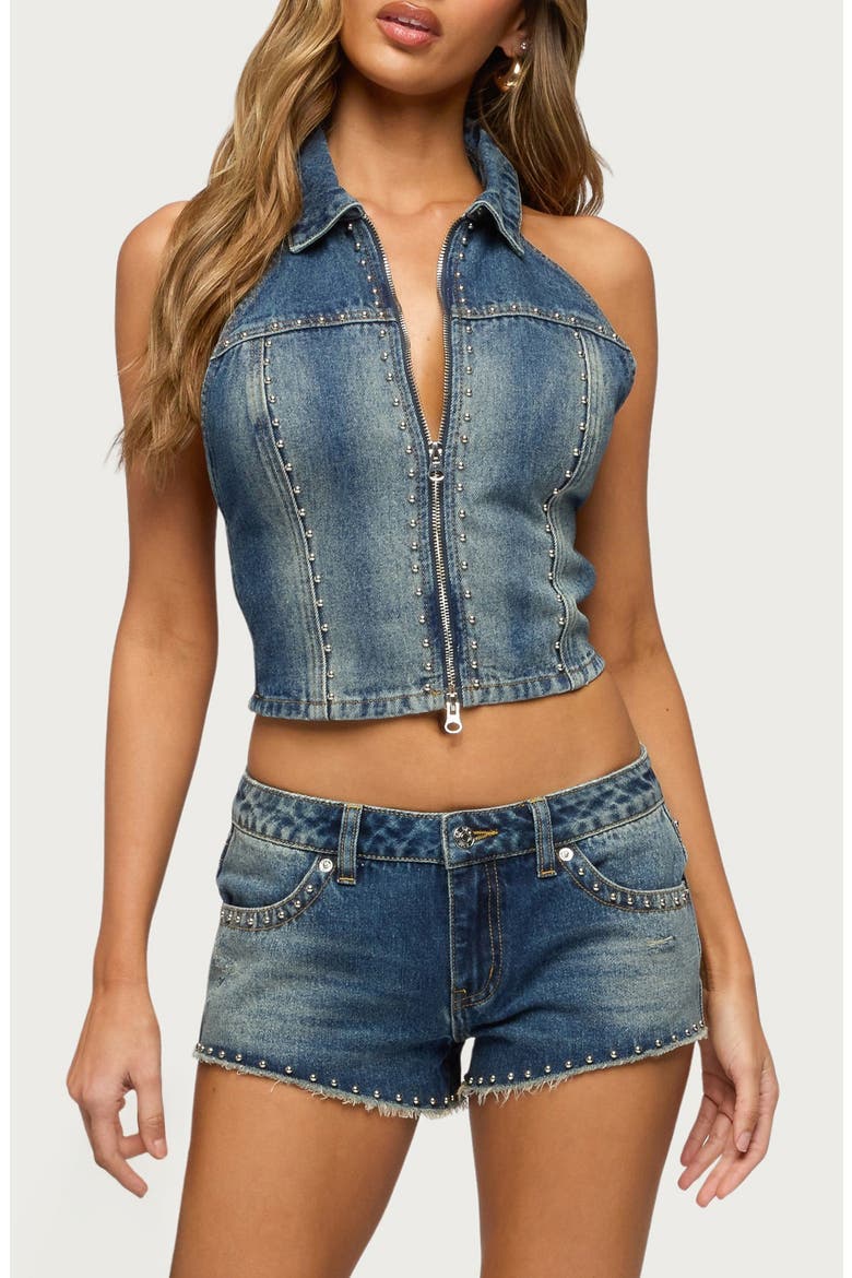 Gaya Open Back Zip-Up Denim Top, Main, color, MEDIUM-VINTAGE-INDIGO