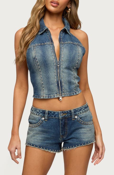 Gaya Open Back Zip-Up Denim Top