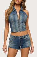 EDIKTED Gaya Open Back Zip-Up Denim Top