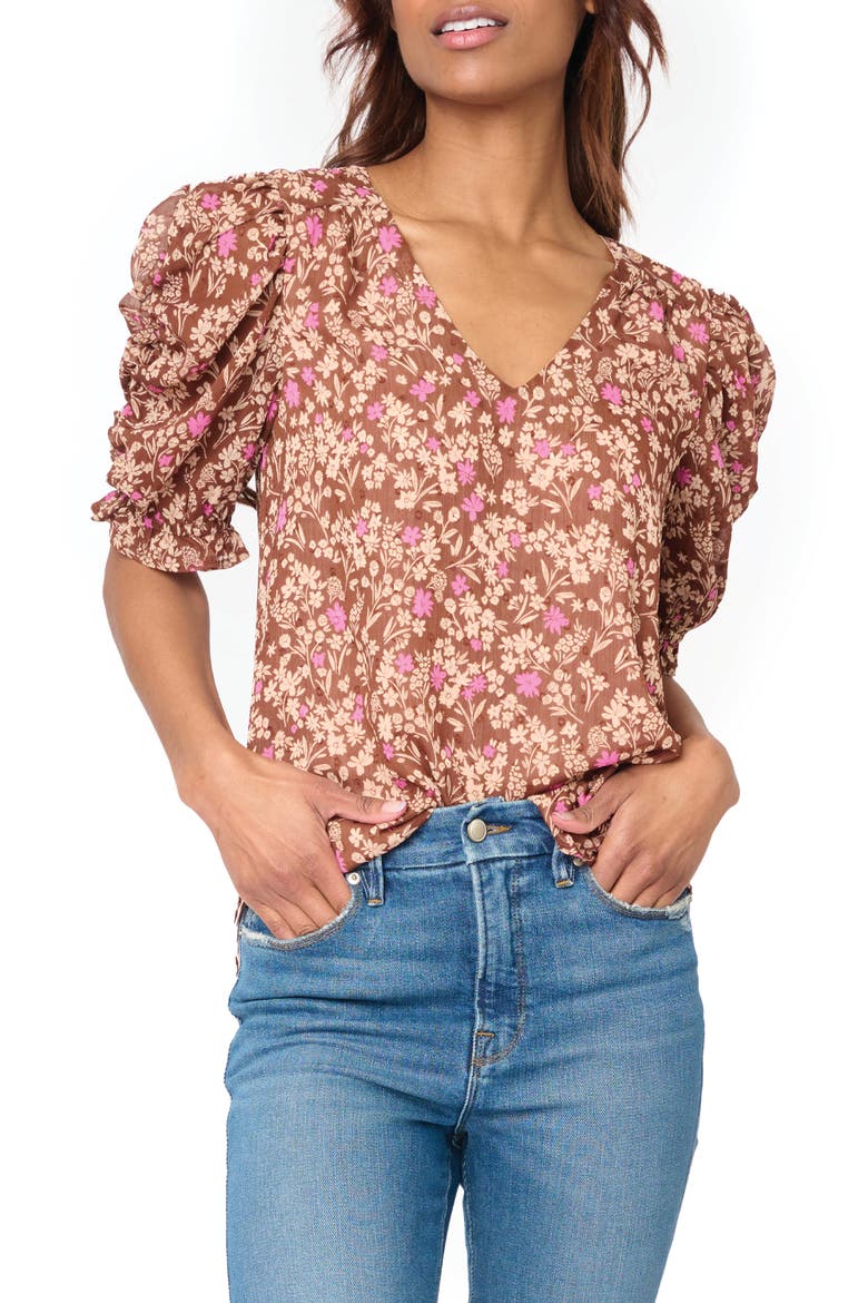 Floral Print Puff Sleeve Top, Main, color, TOFFEE/ PINK FLORAL