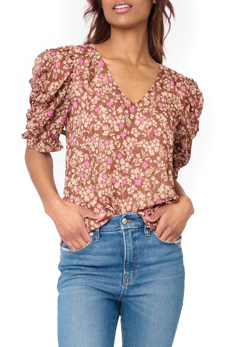 GIBSONLOOK Floral Print Puff Sleeve Top, Main, color, Toffee/ Pink Floral