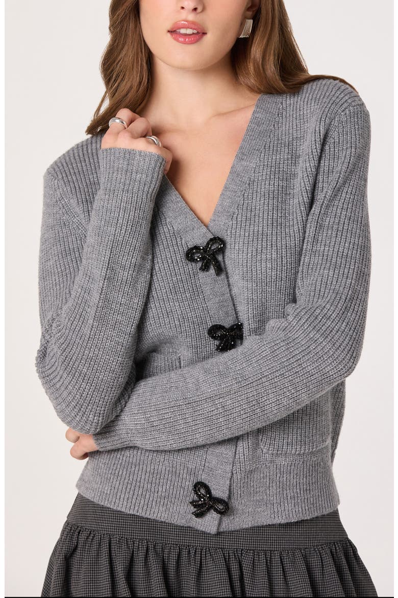 Crystal Embellished Bow Detail Cardigan, Alternate, color, GREY