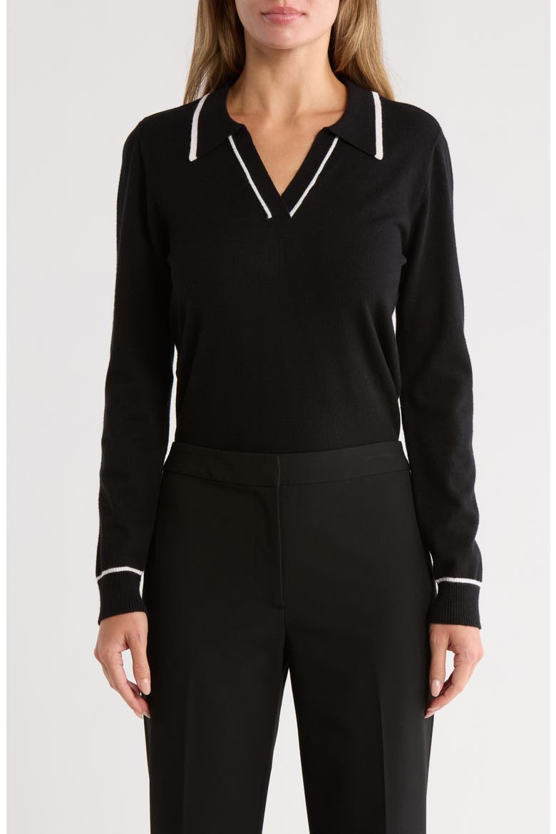 Tipped Johnny Collar Polo Sweater, Main, color, BLACK