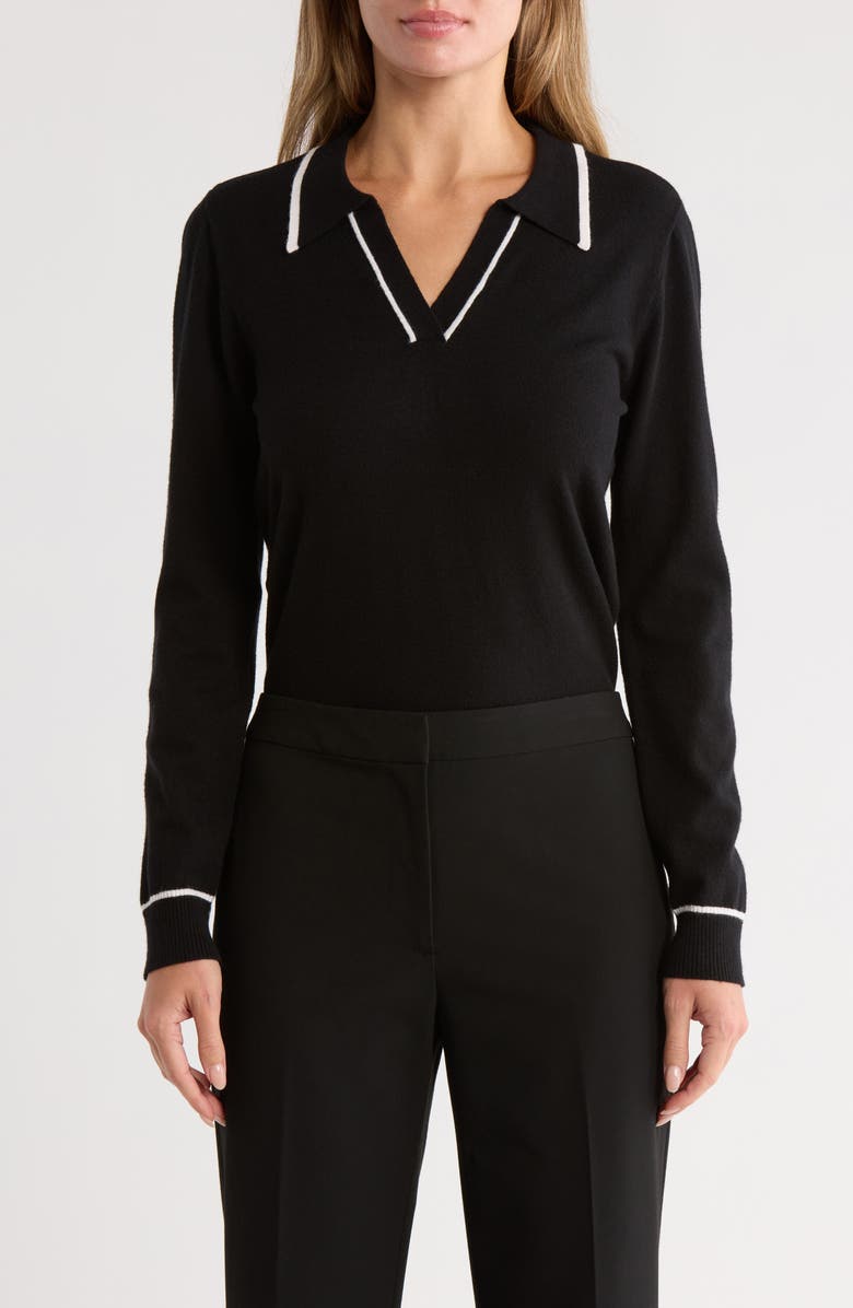 Gemma + Jane Tipped Johnny Collar Polo Sweater, Main, color, Black