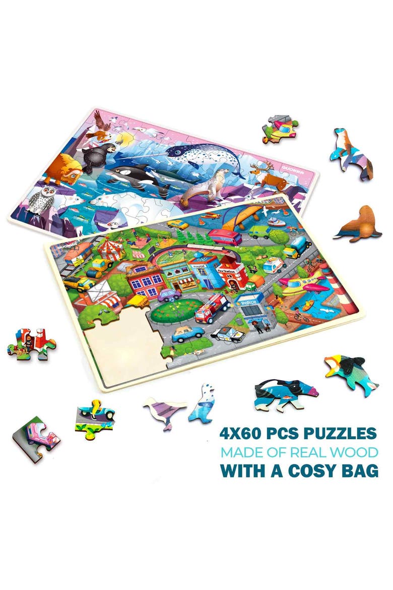4x60 Piece Kids Wooden Jigsaw Puzzles, Alternate, color, Animals Dino City Bugs